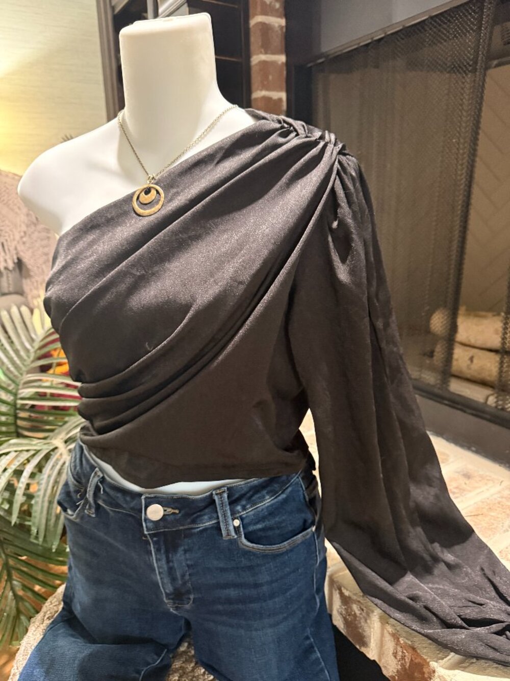 Fiestar Black One Shoulder Top Small Ruched Asymmetrical Going Out Top